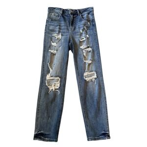 Risen High Rise Straight Leg Crop Jeans Distressed Medium‎ Wash Size 7/28W